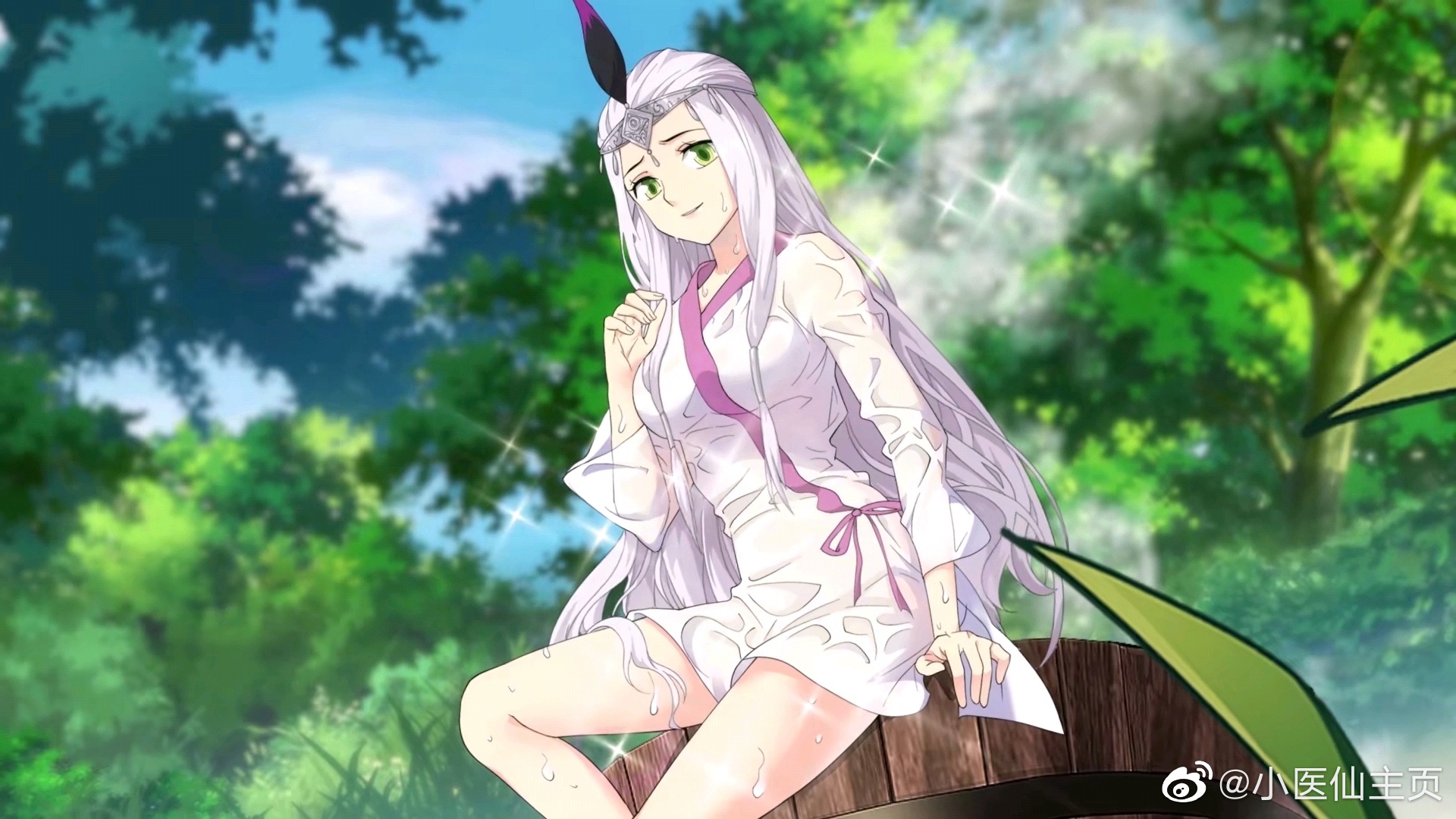 xiao yi xian zhuye doupo cangqiong highres 1girl bare legs blue sky bucket bush cloud dress grass green eyes long sleeves sitting sky solo sparkle tree upper body wet wet clothes white