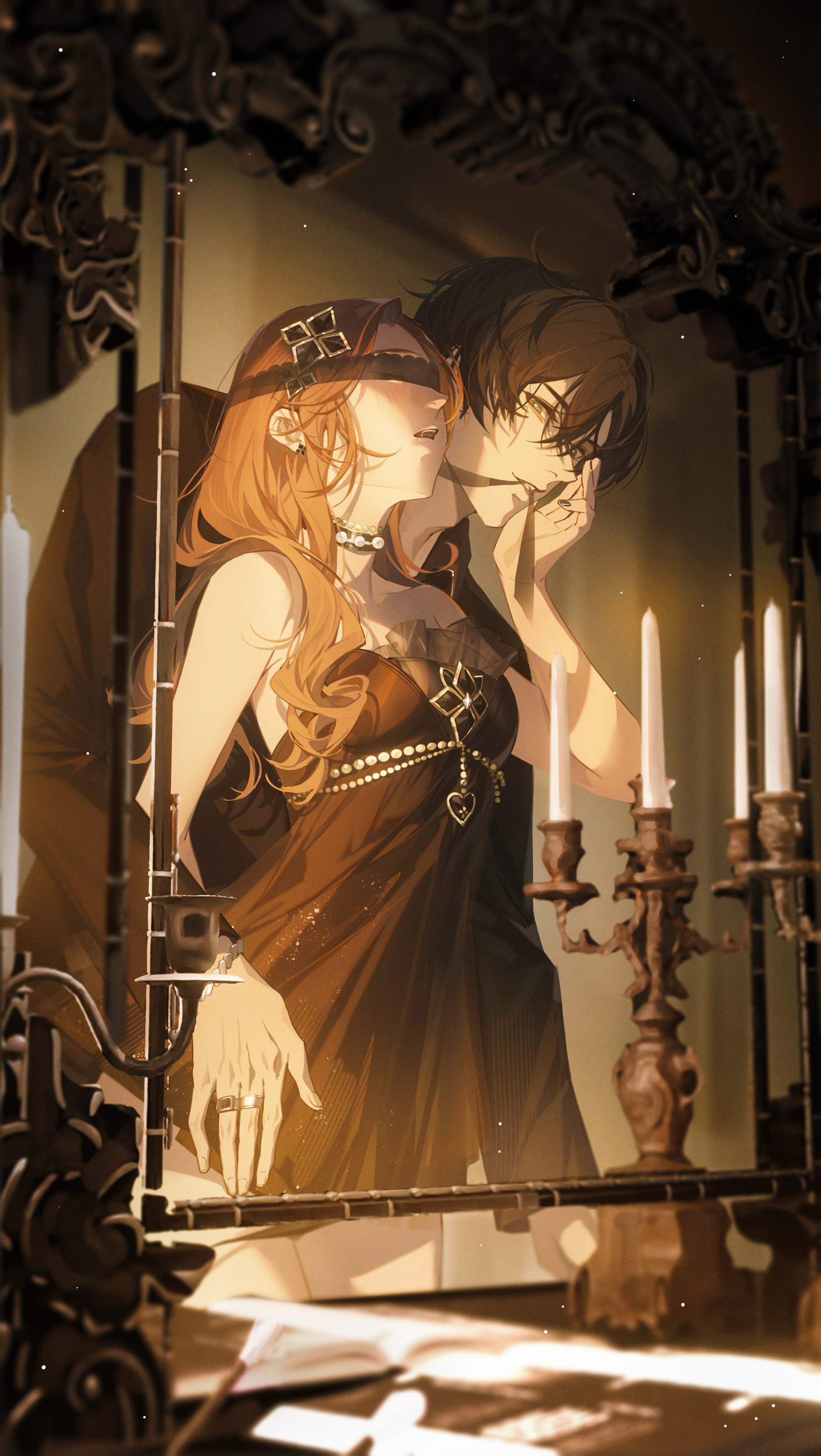 tuzhate protagonist light and night love xiao yi light and night love light and night love absurdres highres 1boy 1girl black dress black eyes blindfold blonde hair brown hair candlestand dress earrings