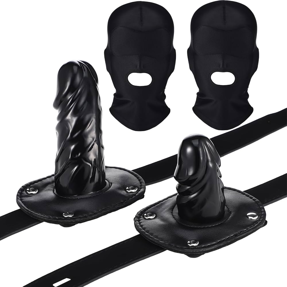: Tisancy 4 Pcs Realistic Dildo Gag and Hood Mask Include 2 Penis Gag with Adjustable Lock Bondage Leather Strap in 2 Sizes and 2 Breathable Black Face Mask Adult Sex Toy