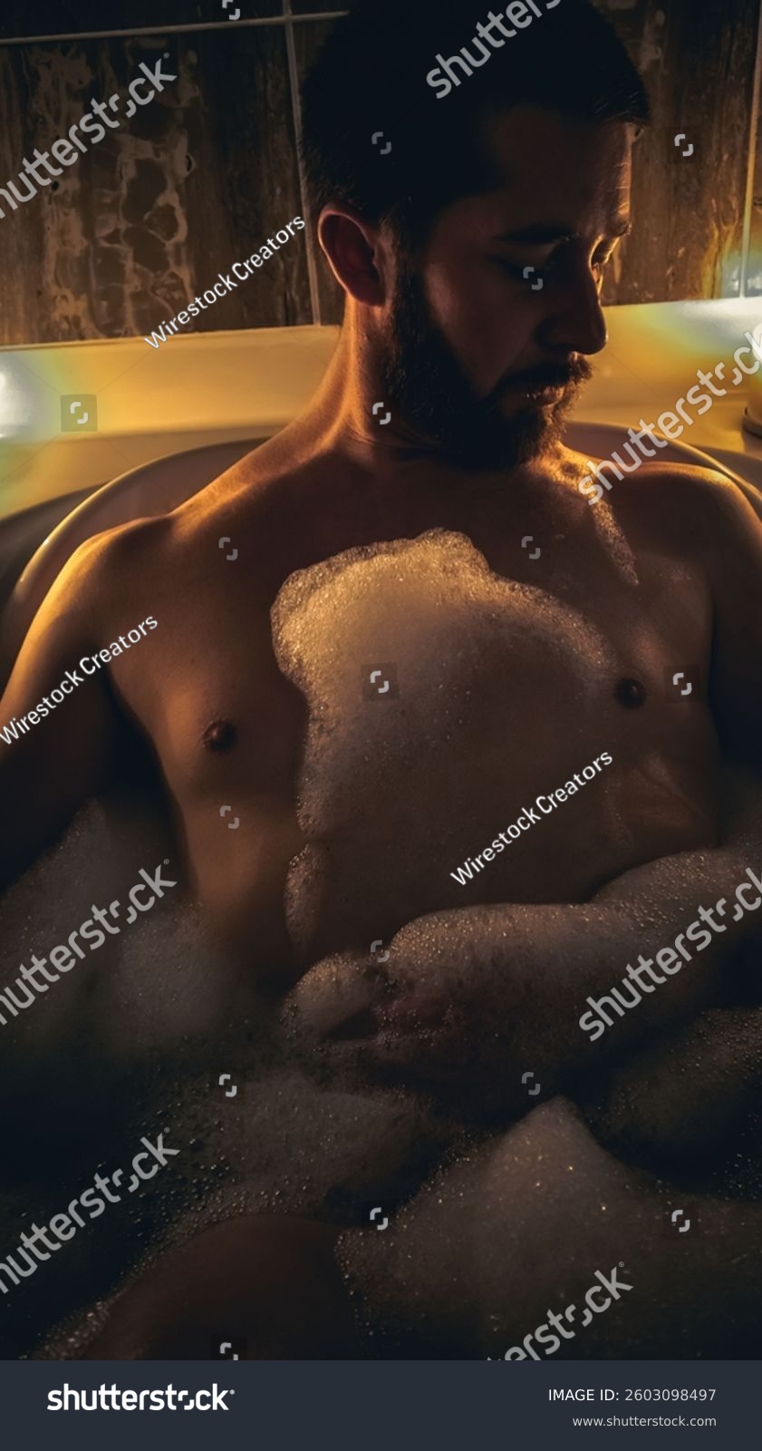 Naked Male Lying Bath Decorated Candles Stock Photo 2603098497