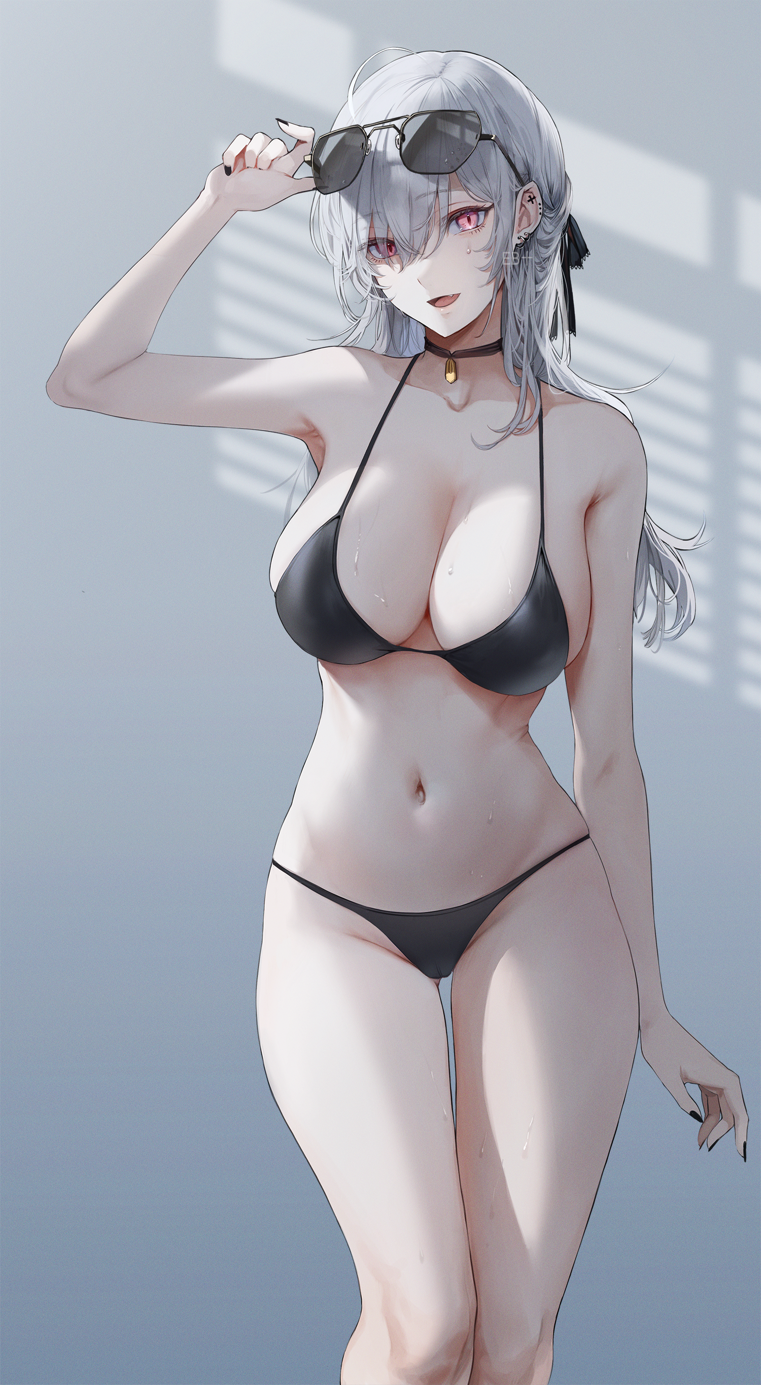 big boobs EB Mom McDonalds commercial anime anime girls portrait display bikini choker sunglasses purple eyes black bikinis
