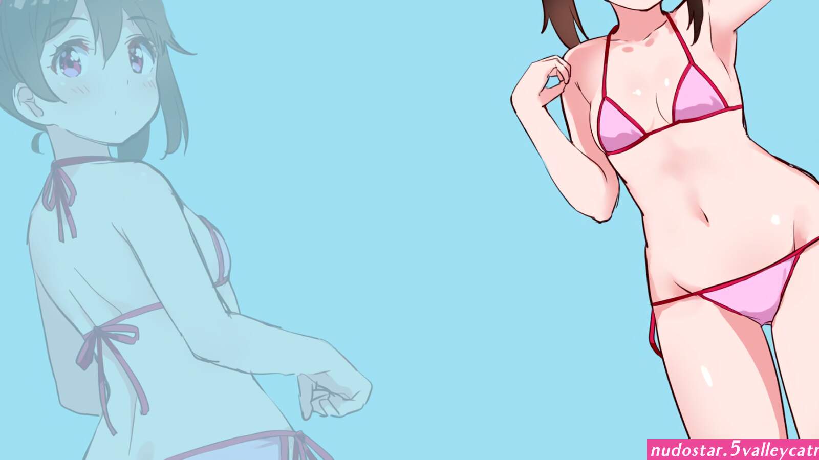 ass thighs small boobs schoolgirl Kurokawa Makoto anime anime girls simple background Love Live! Yazawa Nico swimwear pink swimsuit bikini pink bikini twintails blushing