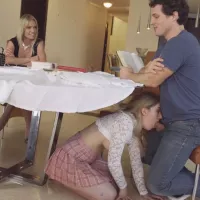 Hottest Stepmom catches slut under table giving son blowjob
