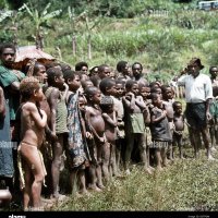 The undated picture shows naked school children with their teacher near Mendi Papua New Guinea. The population of Papua New Guinea consisting mainly of Papuas is very diverse. The Papuas are hunters