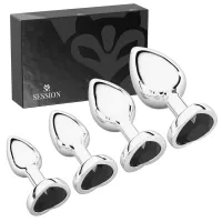 Session Butt Plugs 4-Piece Training Set Anal Plug Toys Stainless Steel Jewel Charm Silver Black Heart Shape