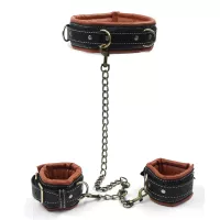 BDSM Slave Restraints Set: Collar Wrist Cuffs Handcuffs and Harness