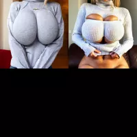 Blonde tight white turtleneck sweater huge breasts hands squeezing boobs