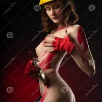 Painting Works of a Naked Construction Girl in a Helmet Stock Image