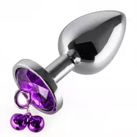 Metal Gem Large 3 Anal Princess Plug w Bells Chain Leash