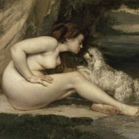 Nackte Frau mit einem Hund von Gustave Courbet: Kunstdruck