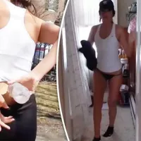 Sexy brunette drops trousers in public after cruel boyfriend pours pepper sauce onto thong