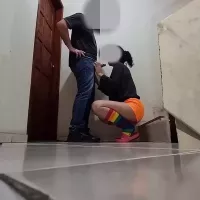 Friend from the Building Loses Bet and Gives Blowjob on Stairs