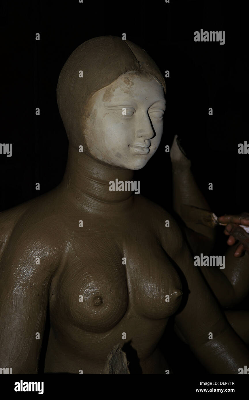 Durga Sculpture Mud Idol Nude Durga Pooja Female Goddess Breasts Stock Photo