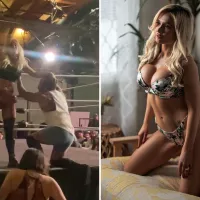 Released WWE star Scarlett Bordeaux attacks rival with sex toy and takes off his shorts in Bra Panties match