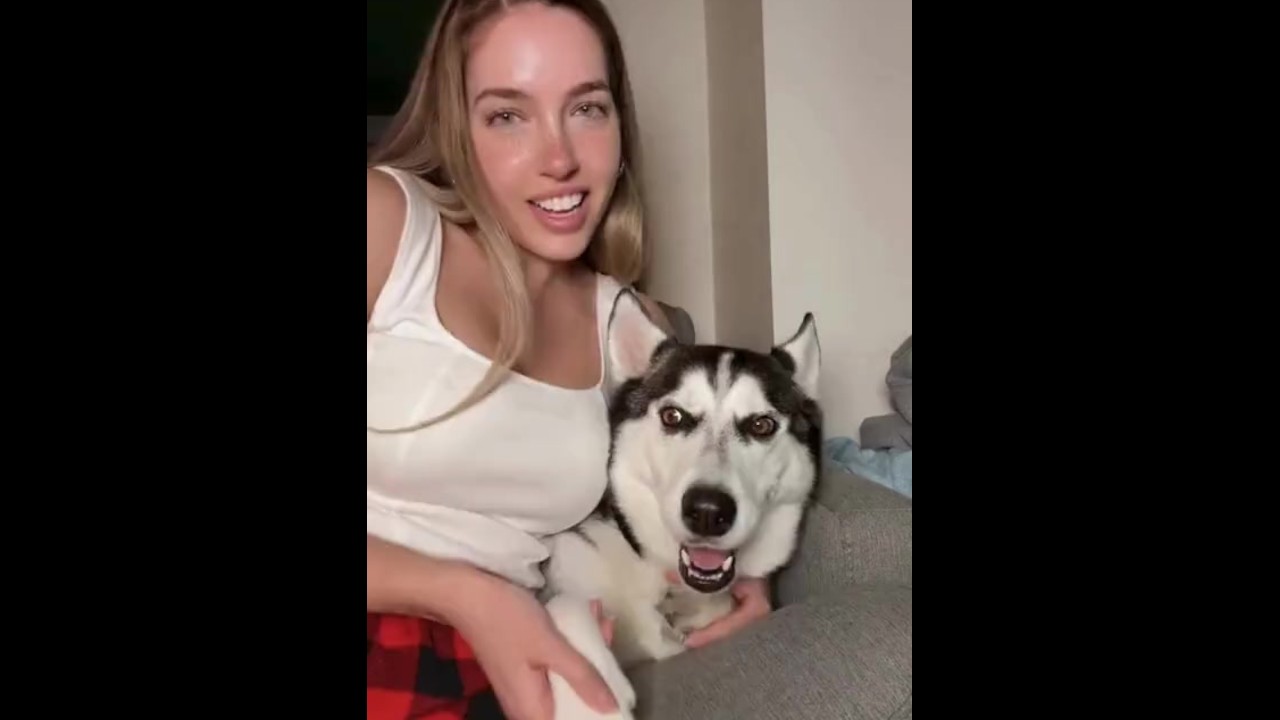 Sexy blondje speelt met haar hond