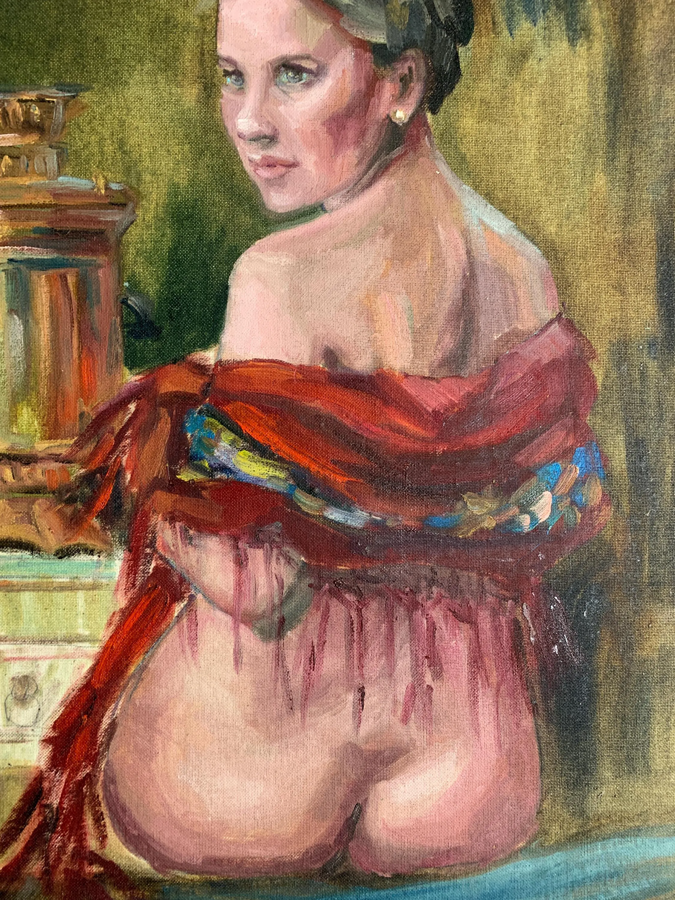 Magnificent Oil Painting in Erotic Style ukrainian Beauty at a Tea Party Original Oil Painting Soviet Ukrainian Artist