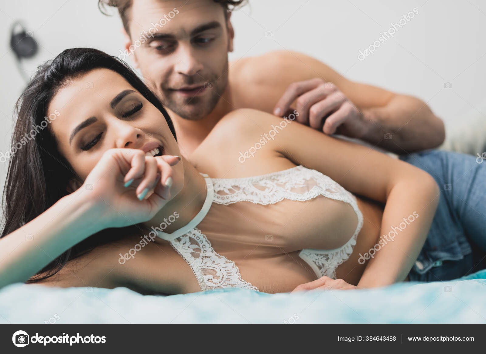 Selective Focus Sexy Woman Lying Shirtless Boyfriend Bed Stock Photo HayDmitriy 384643488