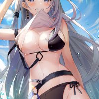 big boobs anime anime girls beach water drops bikini standing in water sunglasses water Hololive Vestia Zeta